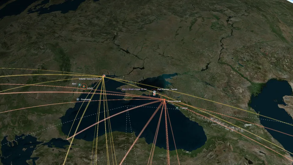 The Black Sea on a 3D globe: the ports, the Kerch Strait closed on 10 July and the wheat routes to importers