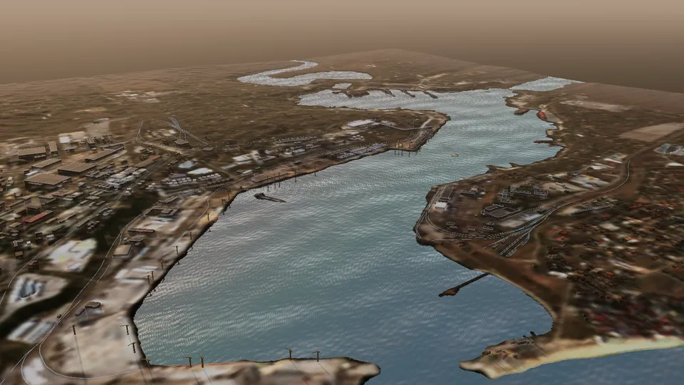 The Chornomorsk grain terminals rebuilt in 3D from open maps, relief and Sentinel-2 imagery