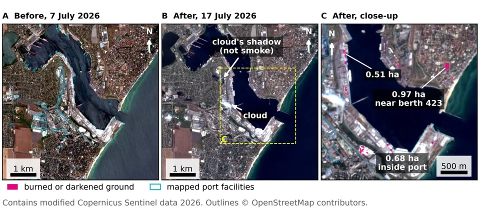 Chornomorsk on 7 and 17 July 2026: burned or darkened ground inside the port