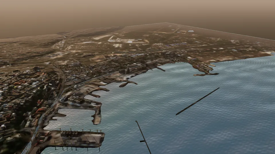 The grain harbour of Odesa in 3D: silos and quays along the empty harbour, from the Sentinel-2 image of 3 October 2026 and OpenStreetMap buildings