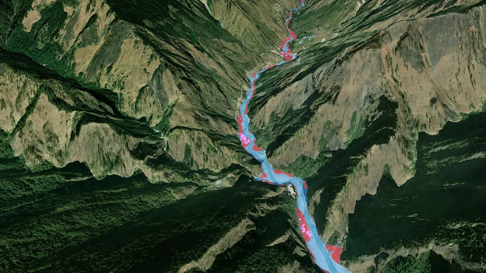 The Budhi Gandaki valley near Jagat in 3D: a sharp image of the valley from before the flood, with the mud channel measured on 11 October drawn in blue and red and the buildings beside it in pink