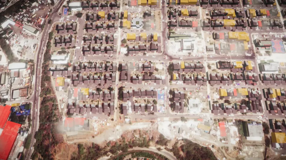Catia La Mar in 3D, from above: red destroyed, amber damaged