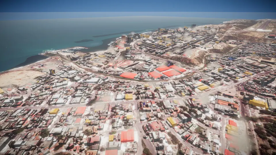 Catia La Mar in 3D, looking west, each building coloured by its damage grade
