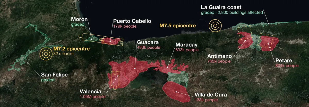 Map of north-central Venezuela: seven red areas with no damage grading, green graded areas, two epicentres