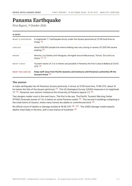 First report on the Panama earthquake, 9 October 2026