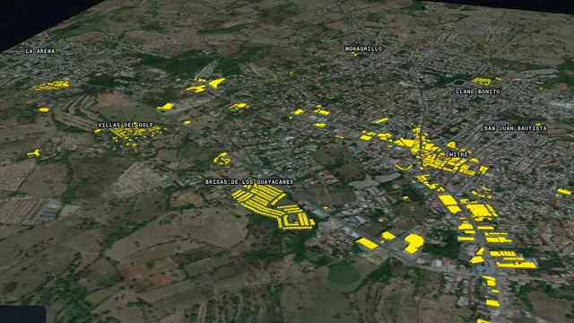 Chitré, Panama, in 3D, its buildings coloured by the shaking
