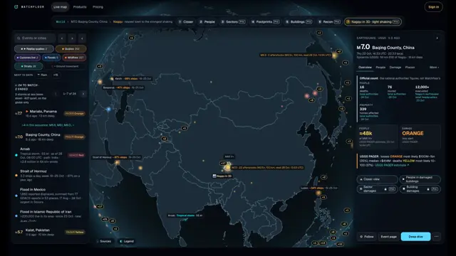 The live map: an earthquake in China selected, with official figures and the USGS estimate