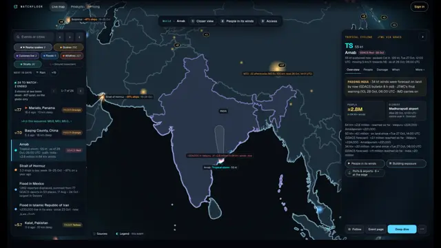A tropical storm crossing the coast of India, with the people in its winds